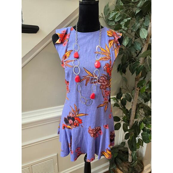 Free People Tunic Top Womens Small Blue Floral Cap Sleeve Drop Waist Crew Neck - Picture 2 of 11